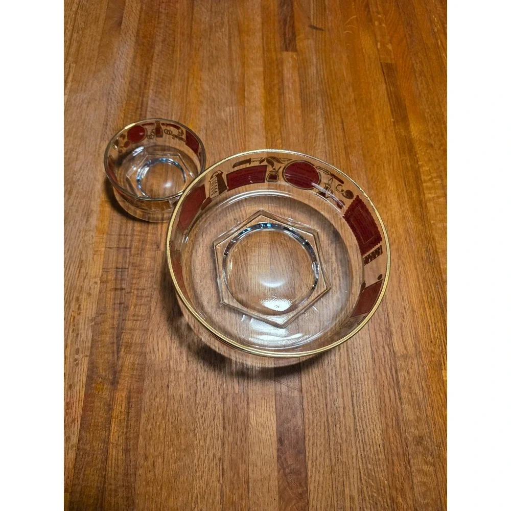 Vintage MCM Glass Chip and Dip Bowl Set Red Gold Recipe Print Mid Century Modern